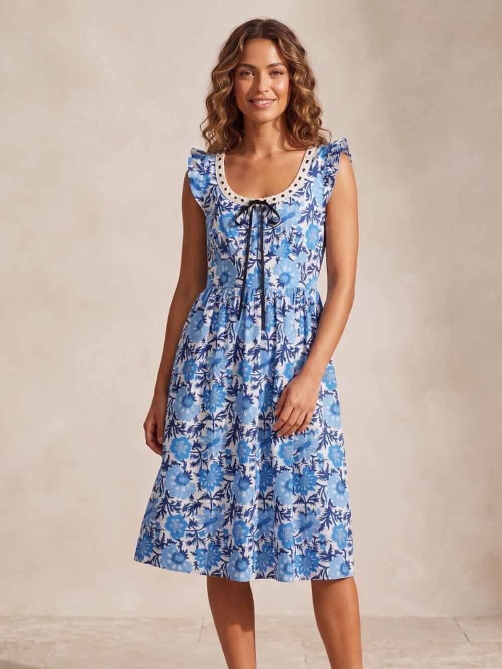 NWT | ZABERRY Blue & White Floral Lace Trim Flutter Sleeve Midi Dress | Large